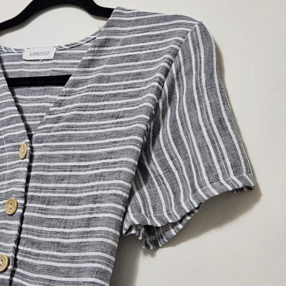 Espresso Shortsleeved A-line Dress Gray White Striped Pattern Button Sm Flaw - Picture 7 of 13